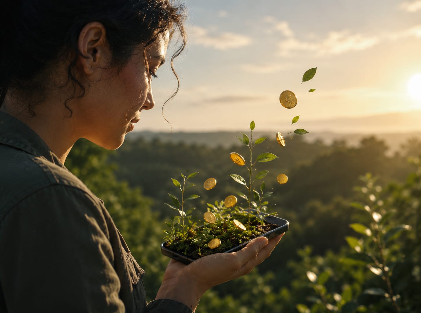 Persona sosteniendo un teléfono del que crece un jardín digital con monedas y hojas